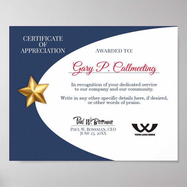 Póster Empleado voluntario del certificado de apreciación (Frente)