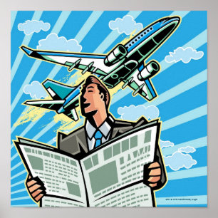 Póster Empresario con periódico y avión arriba
