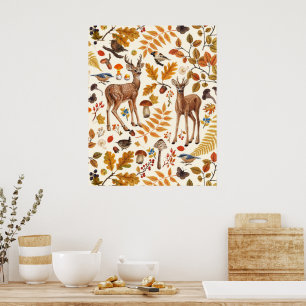 Póster En el bosque/ciervo otoñal sobre negro