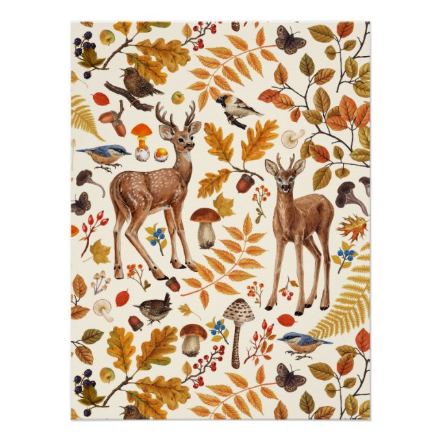 Póster En el bosque/ciervo otoñal sobre negro (Anverso)