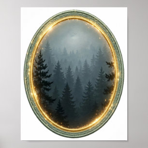 Póster En la niebla — bosque de pinos sombrío