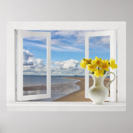 Póster En la playa -- Vista de ventana abierta con narcis