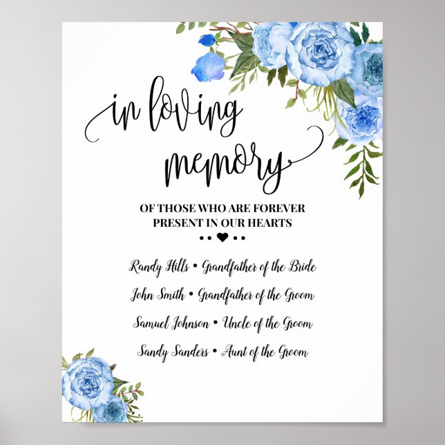 Póster En Memoria Recuerdo Bodas con flores azules (Frente)