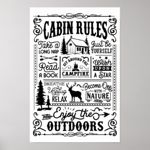 Póster en negro y blanco de las reglas de la cabañ