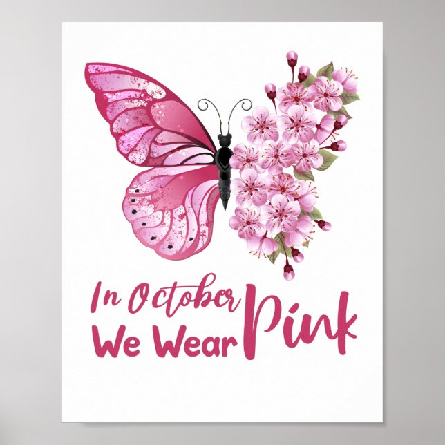 Póster En octubre llevamos una mariposa rosa floral lindo (Frente)