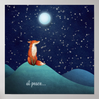 Póster en paz ~ Encantador Fox Sitting Under a Luna