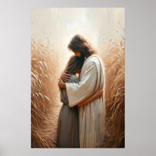 Póster En Sus Brazos Jesús Abrazando Mujer Jesús y Niña