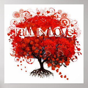 Póster Enamorarse árbol rojo con corazones cayendo