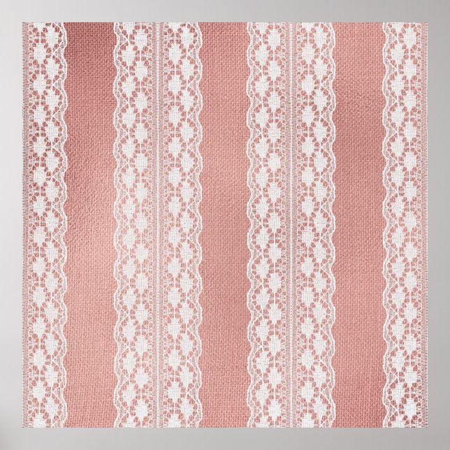 Póster Encaje blanco sobre tela metálica rosa dorada text (Frente)
