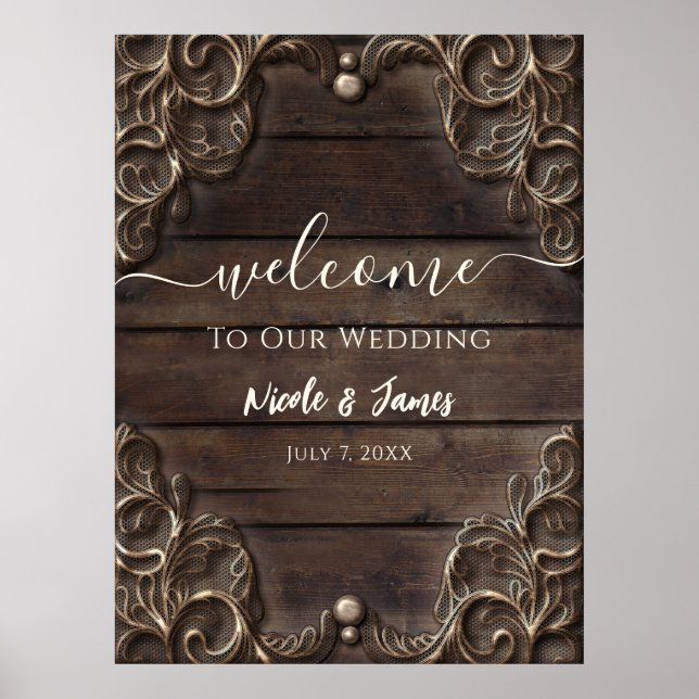 Póster Encaje y madera oscura Boda occidental rústica vin (Frente)