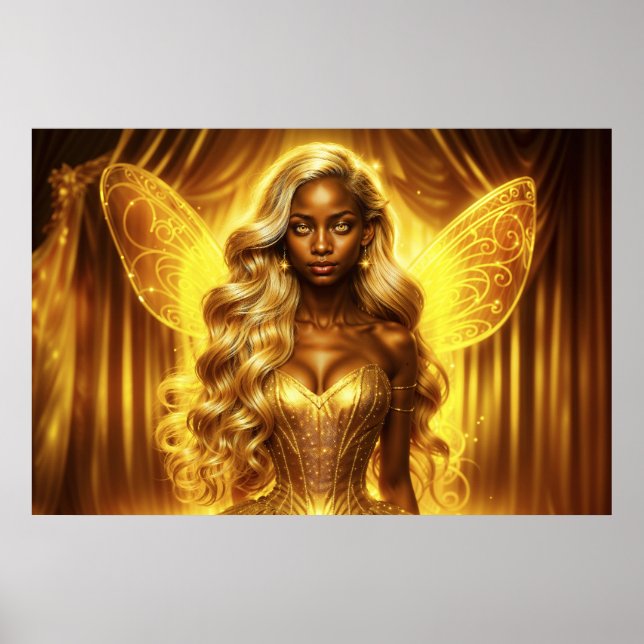 Póster Encantado hada dorada elegantes alas espumosas (Frente)