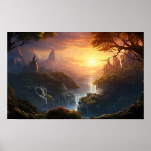 Póster Encantado Sunset Valley — Fantasía Paisaje Art Po
