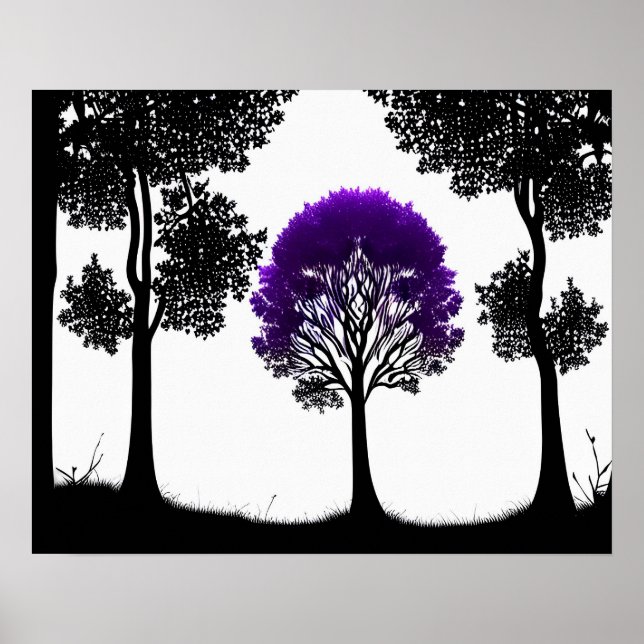 Póster Encantador árbol púrpura en bosque monocromo (Frente)