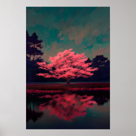 Póster Encantador árbol rosa junto al lago reflexivo