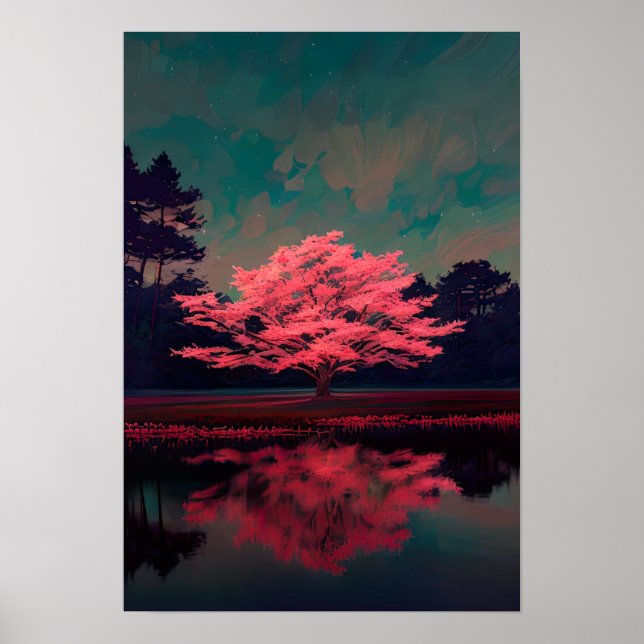 Póster Encantador árbol rosa junto al lago reflexivo (Frente)