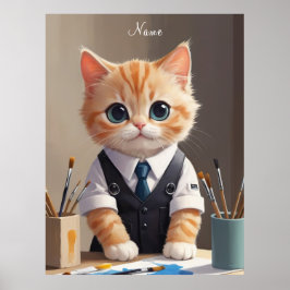 Póster Encantador artista de gatos de jengibre con pincel