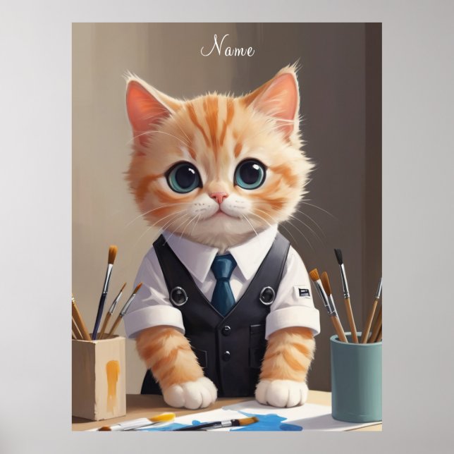 Póster Encantador artista de gatos de jengibre con pincel (Frente)