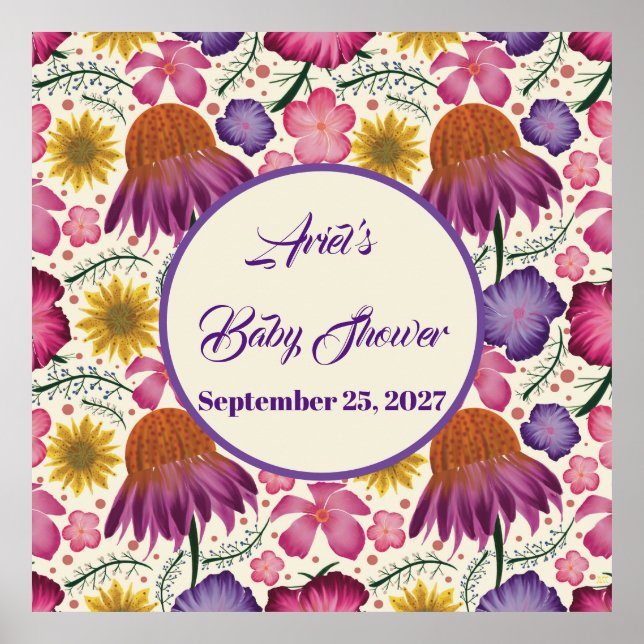 Póster Encantador Baby Shower rosado de Flor Silvestre (Frente)