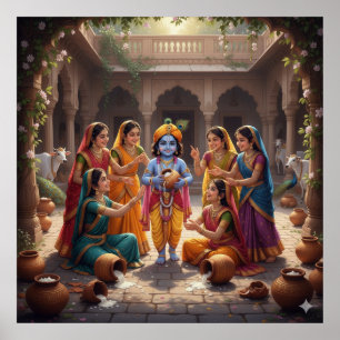 Póster Encantador Bala Krishna Brillante con Gopis