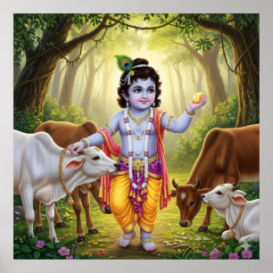 Póster Encantador Bala Krishna pastoral verde con ternero
