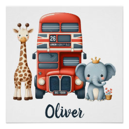 Póster Encantador bus de Londres con jirafa y elefante