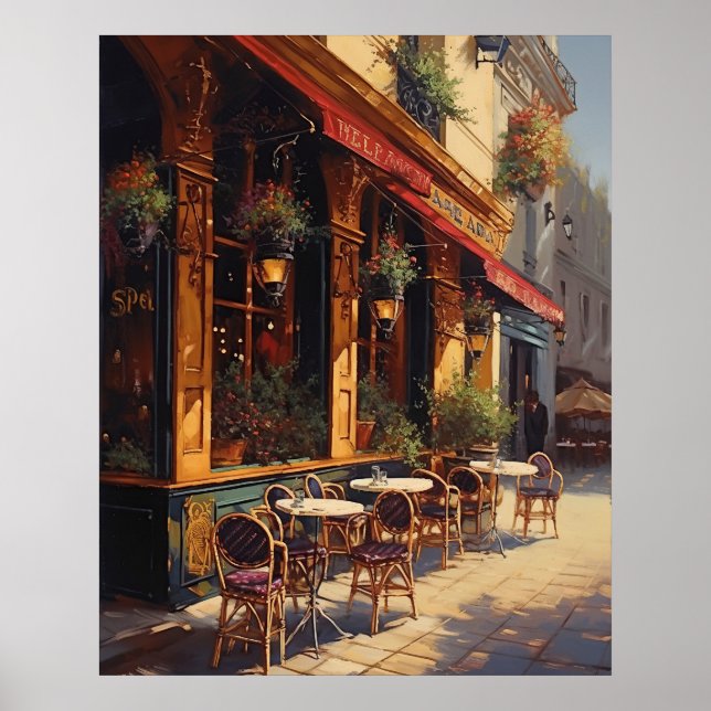 Póster Encantador café bistró en un día soleado en París (Frente)