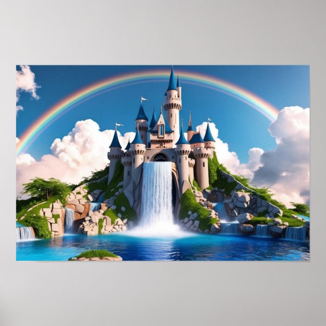 Póster Encantador Castillo Arcoíris y Cascadas de Agua (Frente)