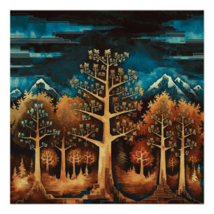 Póster Encantador ciervo marrón en color de agua del bosq