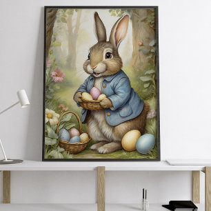 Póster Encantador conejo de Pascua en abrigo azul del bos