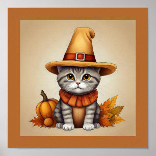 Póster Encantador gato festivo de Acción de Gracias disfr