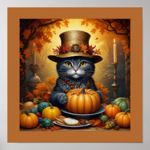 Póster Encantador gato festivo de Acción de Gracias disfr