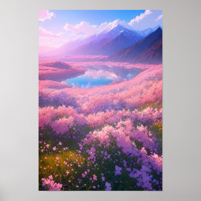 Póster Encantador lago rodeado de flores rosas (Frente)