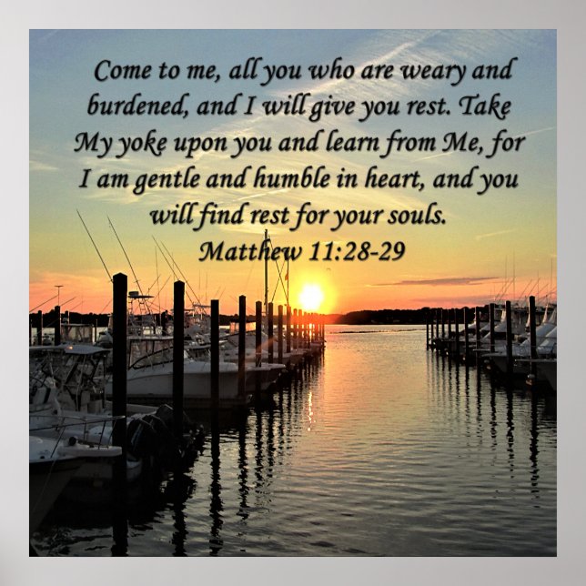 PÓSTER ENCANTADOR MATTHEW 11:28 SOL SOBRE LA FOTO DEL LAG (Frente)