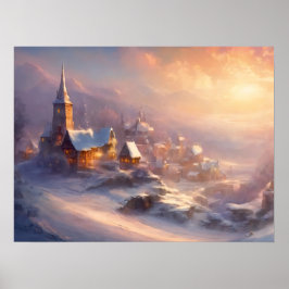 Póster Encantador pueblo cubierto de nieve
