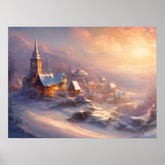 Póster Encantador pueblo cubierto de nieve