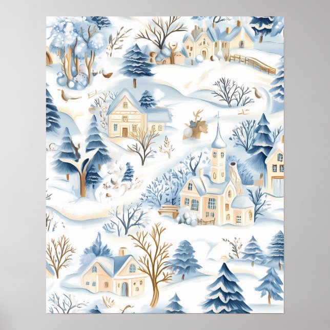 Póster Encantadora aldea nevada con animales de Woodland (Frente)