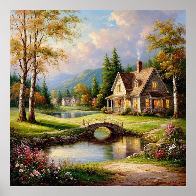 Póster Encantadora cabaña de campo rodeada de exuberante  (Frente)