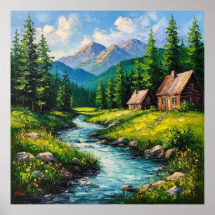 Póster Encantadora cabaña de campo rodeada de naturaleza 