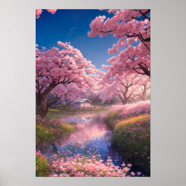 Póster Encantadora cabaña en medio de árboles sakura
