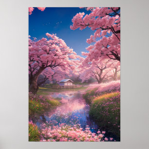 Póster Encantadora cabaña en medio de árboles sakura