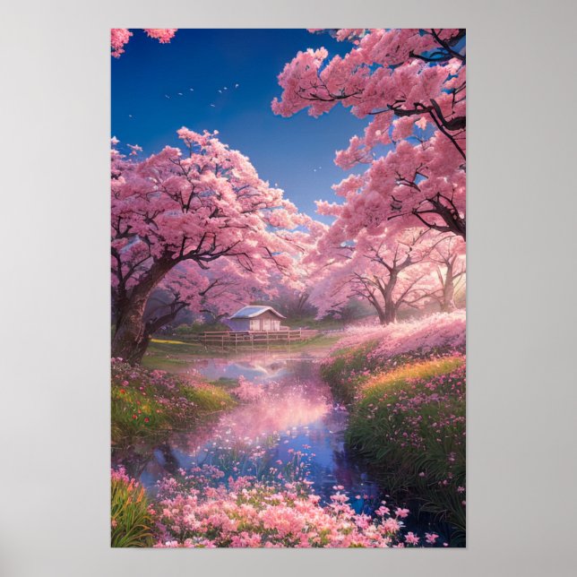 Póster Encantadora cabaña en medio de árboles sakura (Frente)