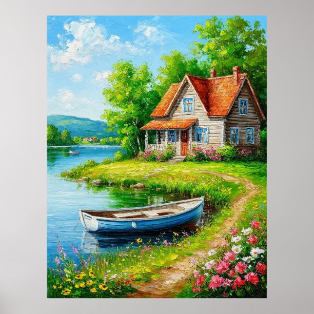 Póster Encantadora cabaña junto al lago con un barco (Frente)