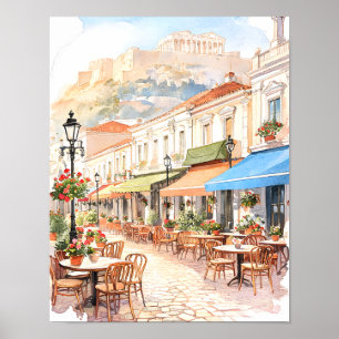 Póster Encantadora calle de Atenas Grecia Acuarela