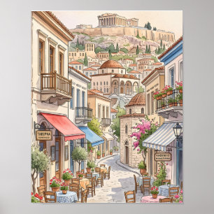 Póster Encantadora calle de Atenas Grecia acuarela