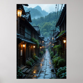 Póster Encantadora escena callejera de un pueblo japonés