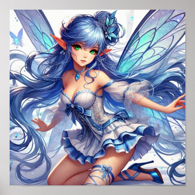 Póster Encantadora Hada de Cabello Azul con Ojos Esmerald (Frente)