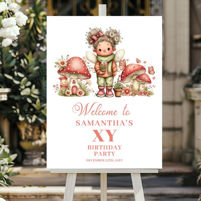 Póster Encantadora Hada Rosa Cumpleaños de Niña Bienvenid (Adorable Fairy Pink Floral Girl Birthday Welcome Poster)