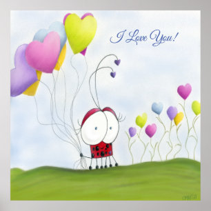Póster Encantadora Ladybug con los globos del corazón col