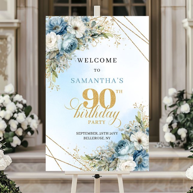 Póster Encantadoras flores azules polvorientas marco dora (Charming dusty blue florals gold frame 90th birthday

)