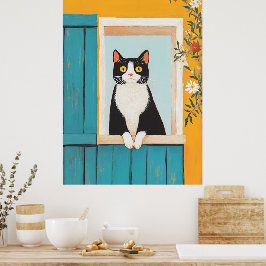 Póster Encantando al gato en la ventana